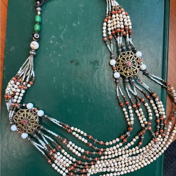 Multicolor Conch Beaded Necklace with Ornate Gold and Tibetan Silver Accents - Picture 1 of 8